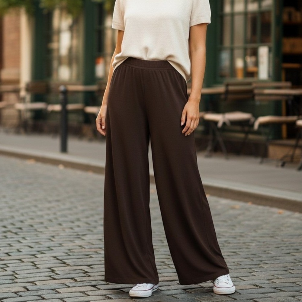 LOFT Wide Leg Pants Small Women Brown Excellent Elastic Waist Flowy Trousers